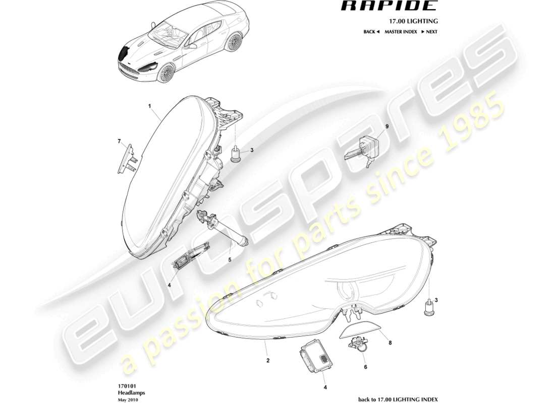 aston martin rapide (2014) scheinwerfer ersatzteildiagramm