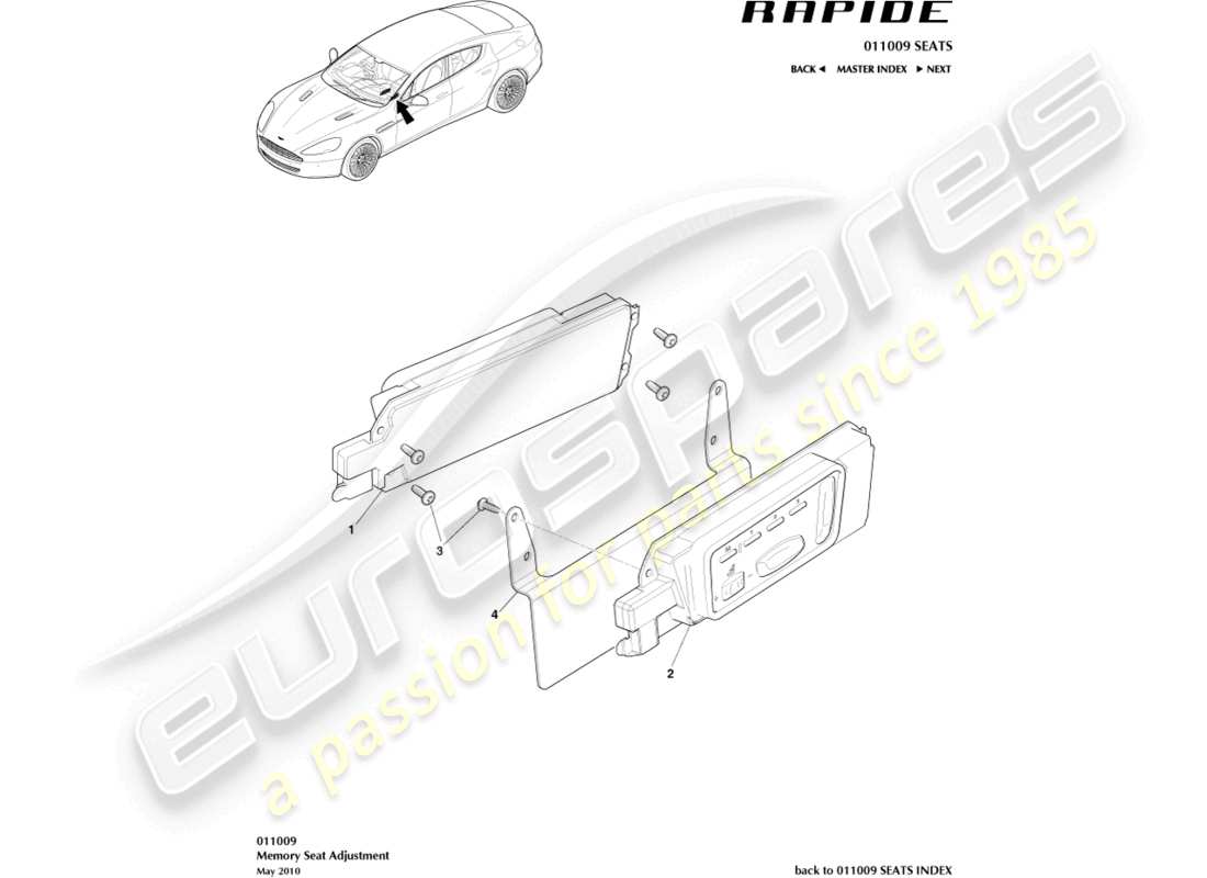 aston martin rapide (2011) teilediagramm zur vordersitzeinstellung