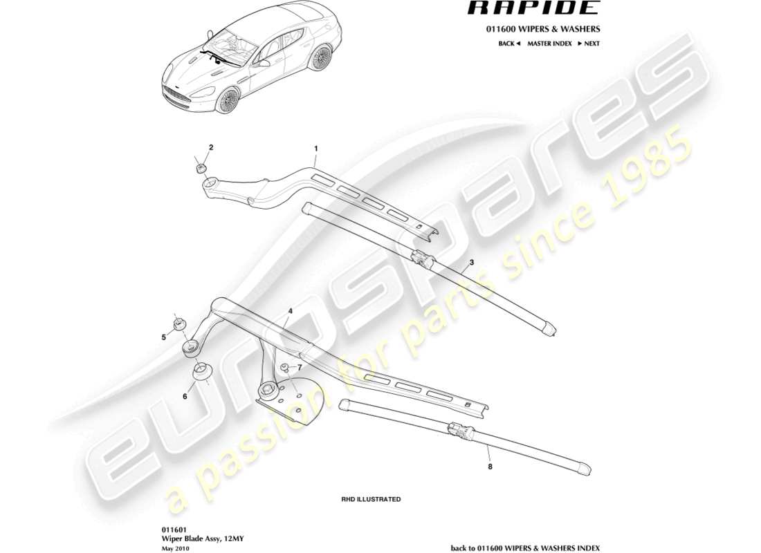 aston martin rapide (2014) wischerblattbaugruppe, 12my teilediagramm