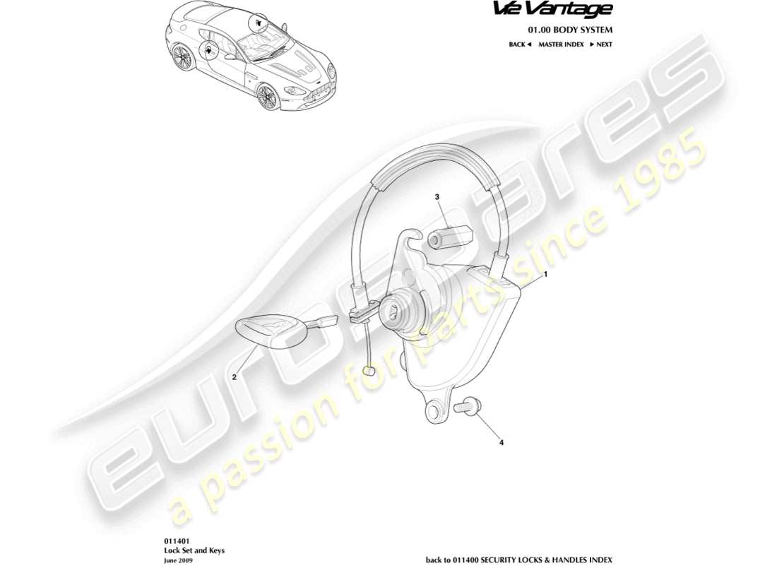 aston martin v12 vantage (2013) teilediagramm für schlosssatz und schlüssel