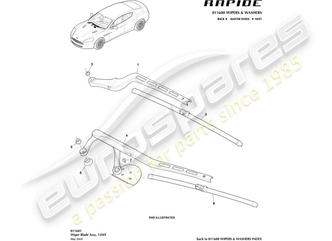 aston martin rapide (2011) wischerblattbaugruppe, 12my teilediagramm