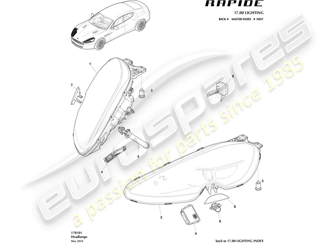 aston martin rapide (2011) scheinwerfer ersatzteildiagramm