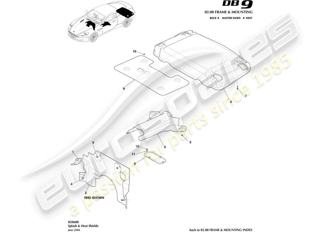 aston martin db9 (2005) teilediagramm für spritz- und hitzeschilde