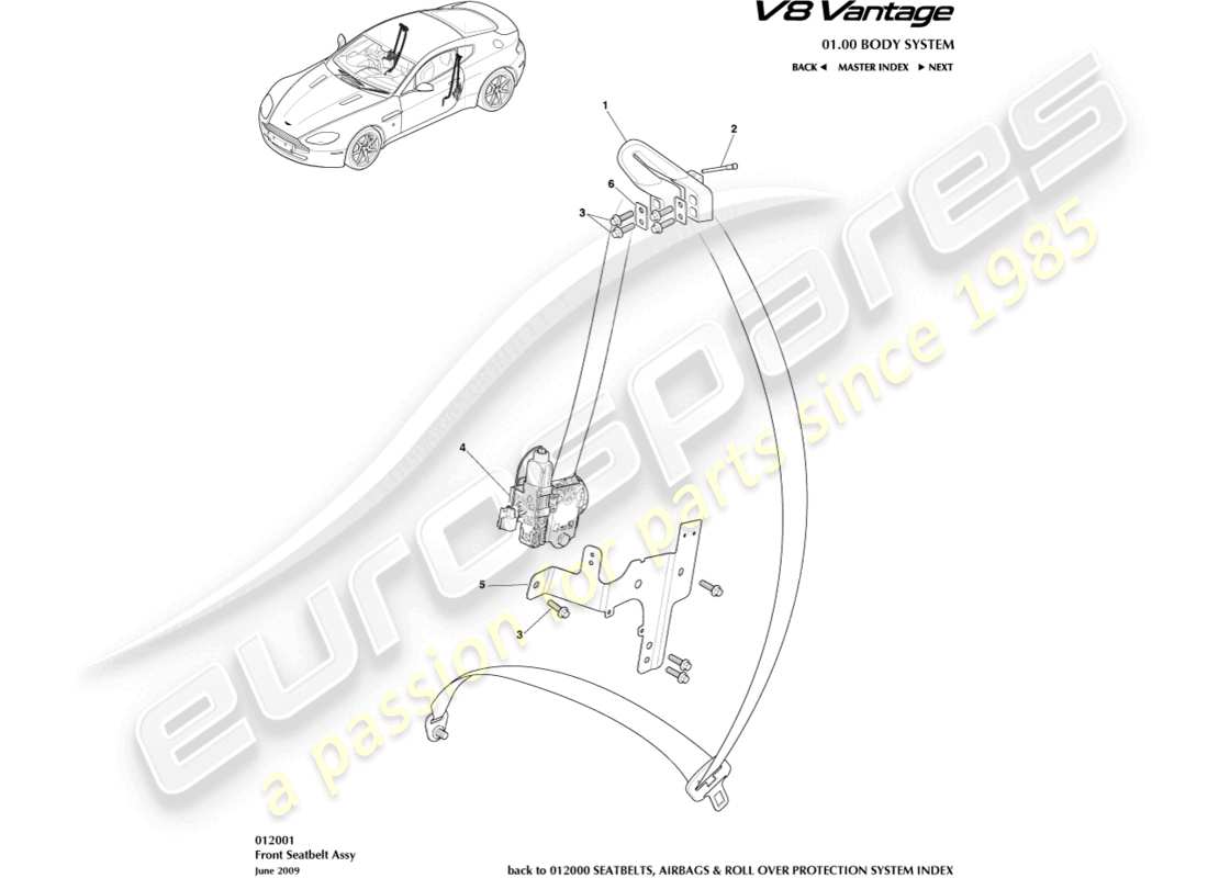 aston martin v8 vantage (2018) teilediagramm für vordere sicherheitsgurte
