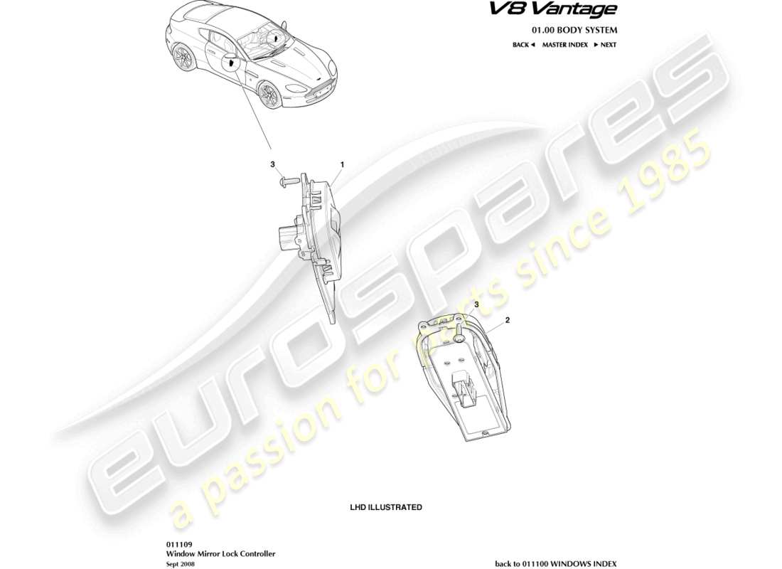 aston martin v8 vantage (2012) teilediagramm des fenster-/spiegelverriegelungs-controllers