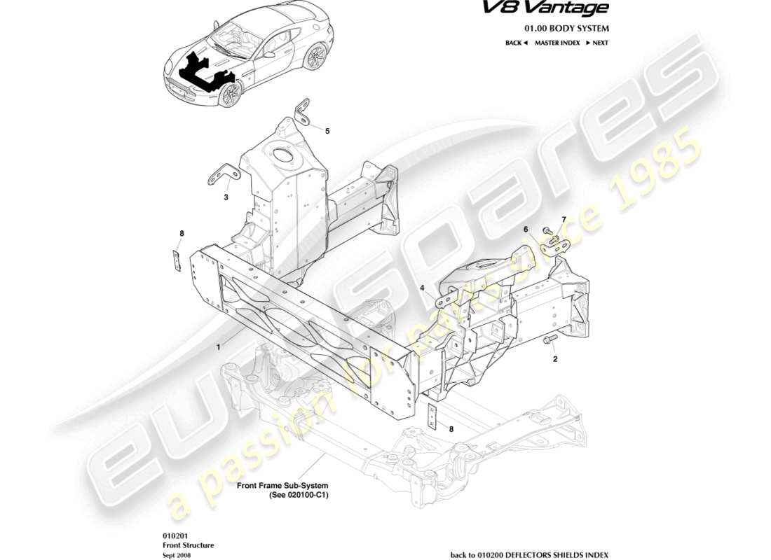 aston martin v8 vantage (2017) teilediagramm der frontstruktur