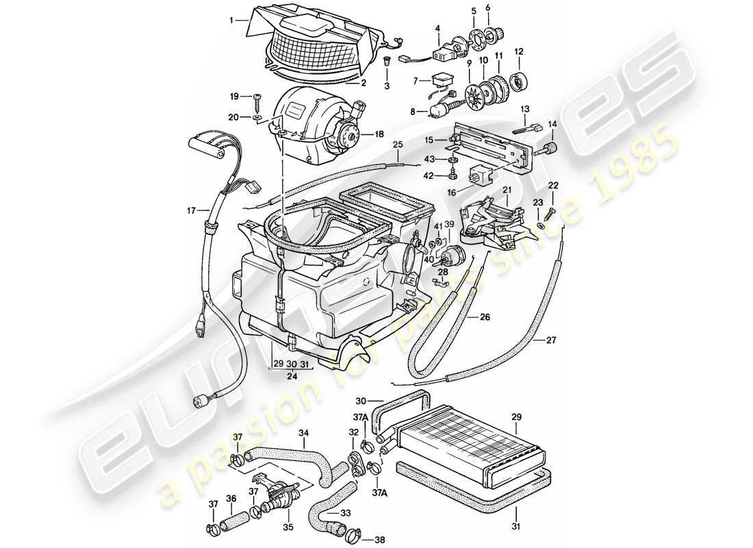 porsche 1986 (924s) heizung - lüfter - heizkern teilediagramm