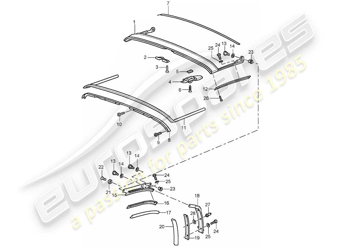 porsche 1991 (964) faltverdeck - dichtungsstreifen - dachrahmen ersatzteildiagramm