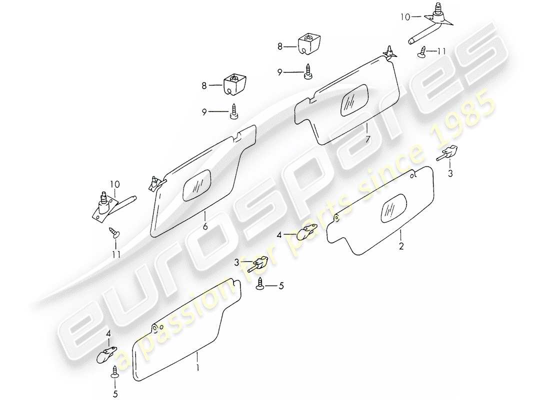 porsche 1970 (911) sonnenblenden ersatzteildiagramm