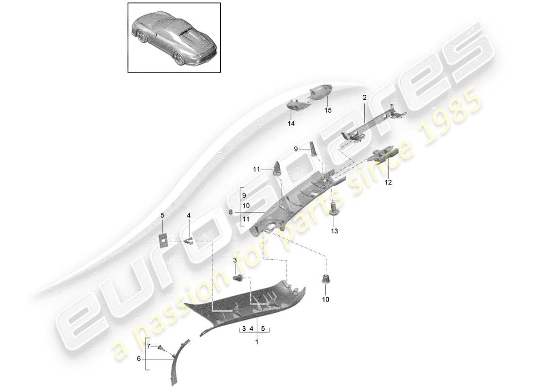porsche 2018 (991-2 r/gt3/rs) a-säule teilediagramm