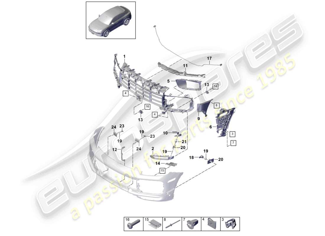 porsche 2019 (cayenne e3 9ya/9yb) stoßstange vorne coupe turbo gt einzelteile und befestigungen teilediagramm