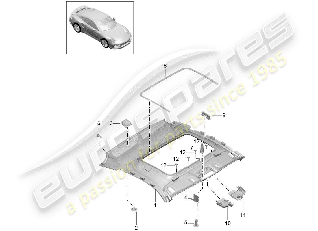 porsche 2015 (991-1 turbo) dachverkleidung teilediagramm