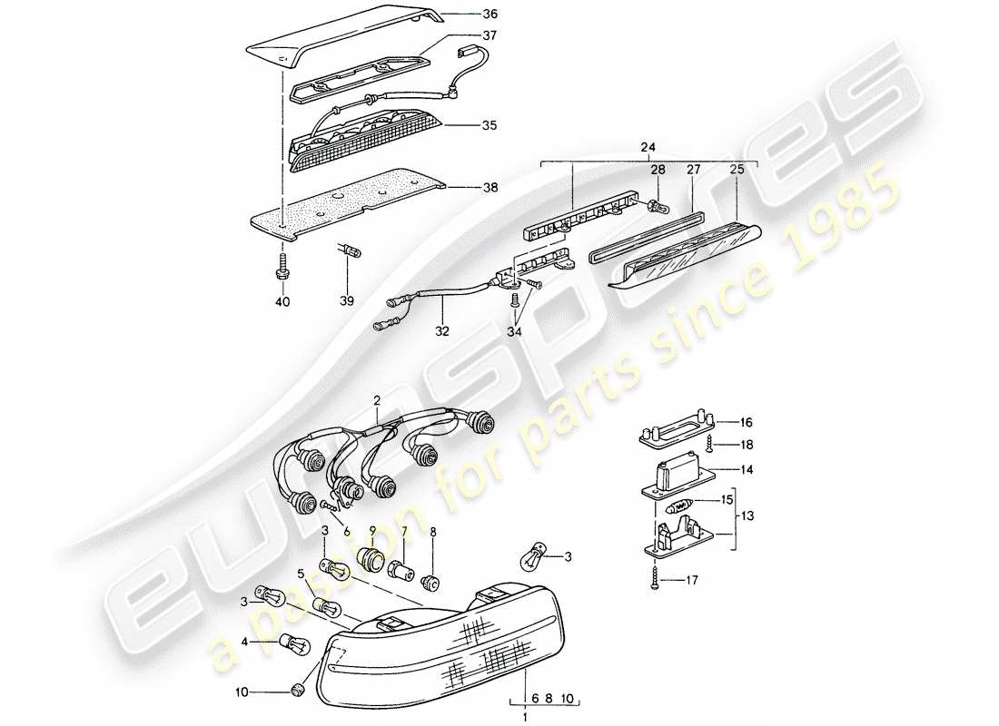 porsche 1992 (968) rücklicht - kennzeichenlicht - zusätzliches bremslicht teilediagramm
