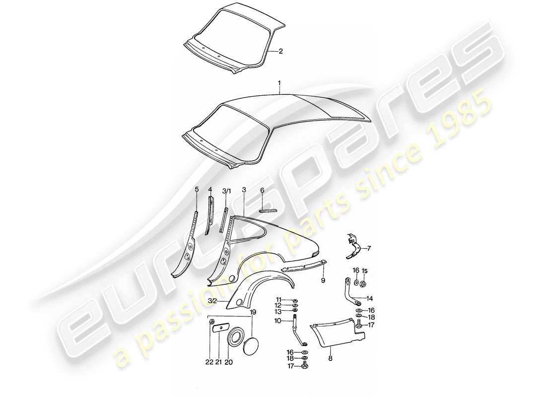 porsche 1975 (911) aussenverkleidung - zur montage werkstattmaterial verwenden ersatzteildiagramm