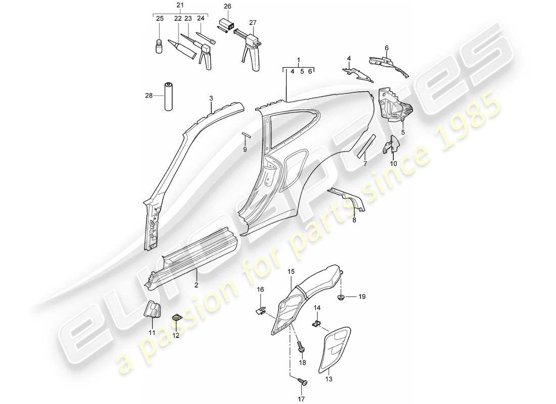 porsche 2007 (997-1 turbo / gt2) seitenwand teilediagramm