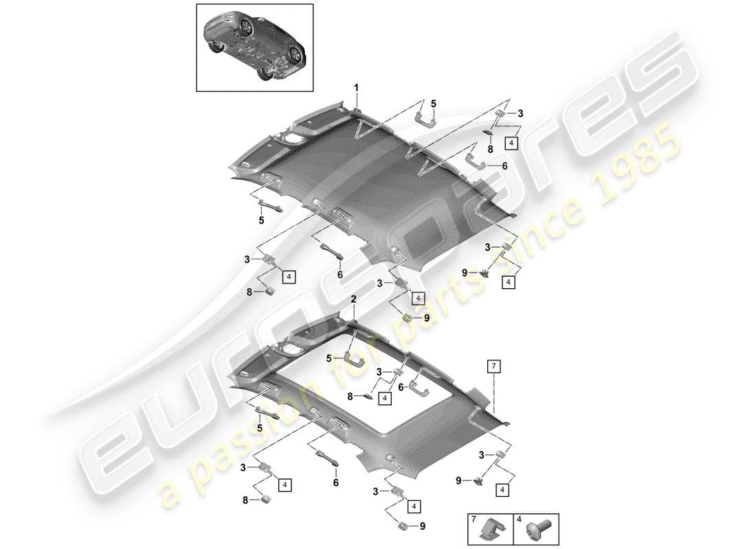 porsche 2019 (cayenne e3 9ya/9yb) dachverkleidung - ersatzteildiagramm