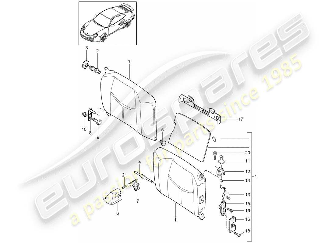 porsche 2008 (997-1 turbo / gt2) notsitz-rückenlehne ersatzteildiagramm