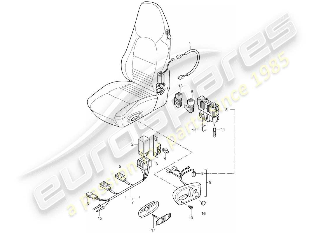 porsche 1998 (996) kabelbäume - schalter - komfortsitz ersatzteildiagramm
