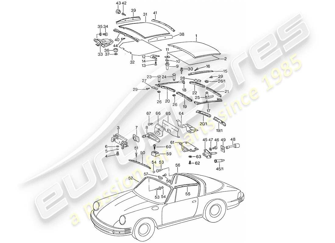 porsche 1975 (911) soft top-ersatzteildiagramm