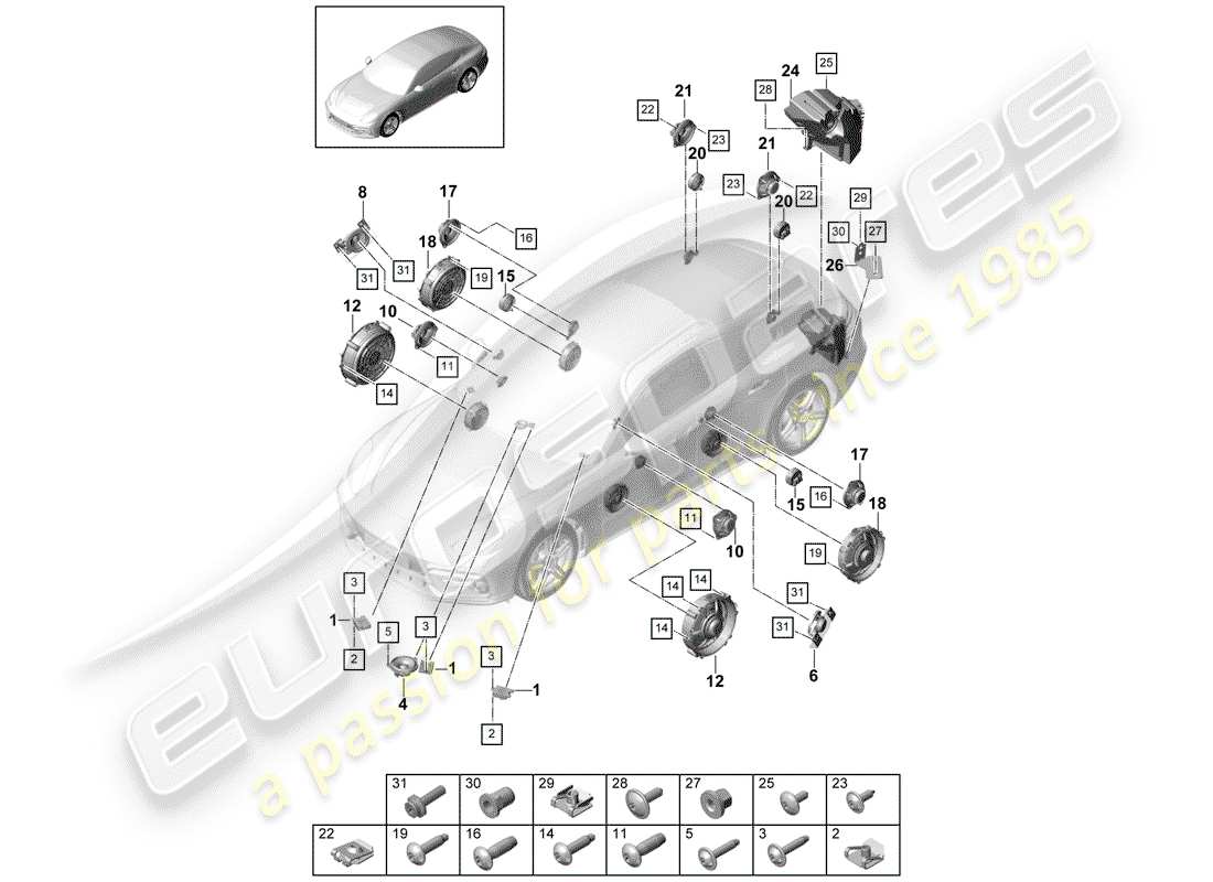 porsche 2019 (panamera 971-1) lautsprecher-teilediagramm