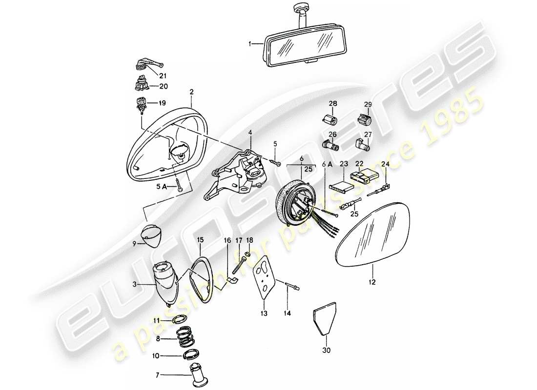 porsche 1993 (964) rückspiegel innen - rückspiegel teilediagramm