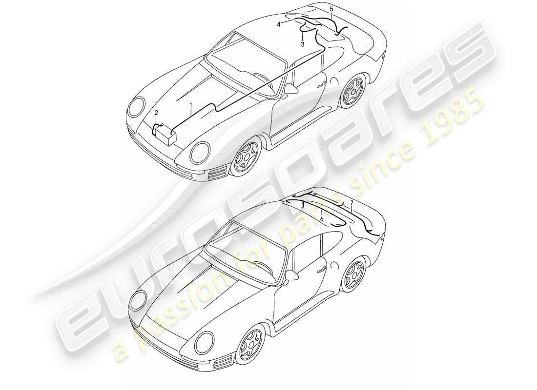 porsche 1987 (959) kabelbäume - heck - batterie ersatzteildiagramm