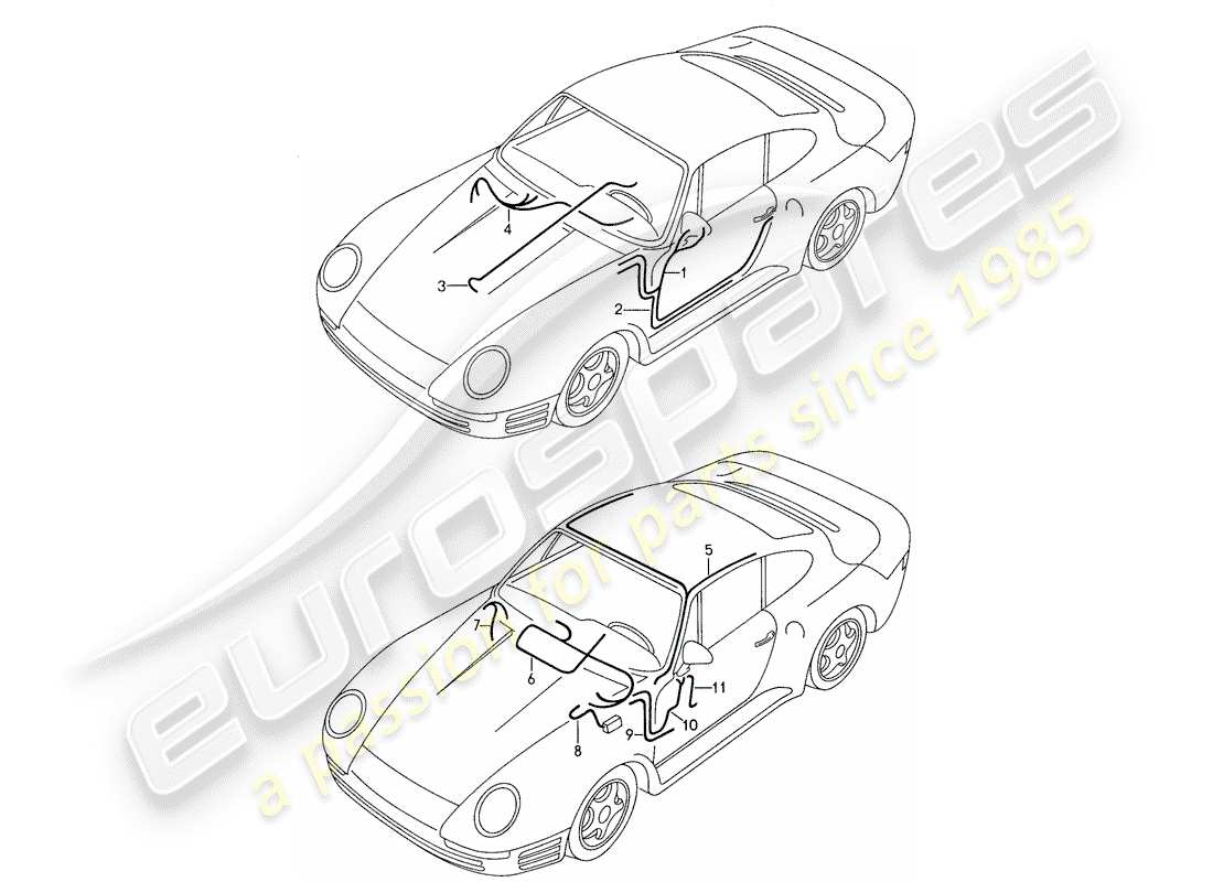 porsche 1987 (959) kabelbäume - karosserie - tür ersatzteildiagramm