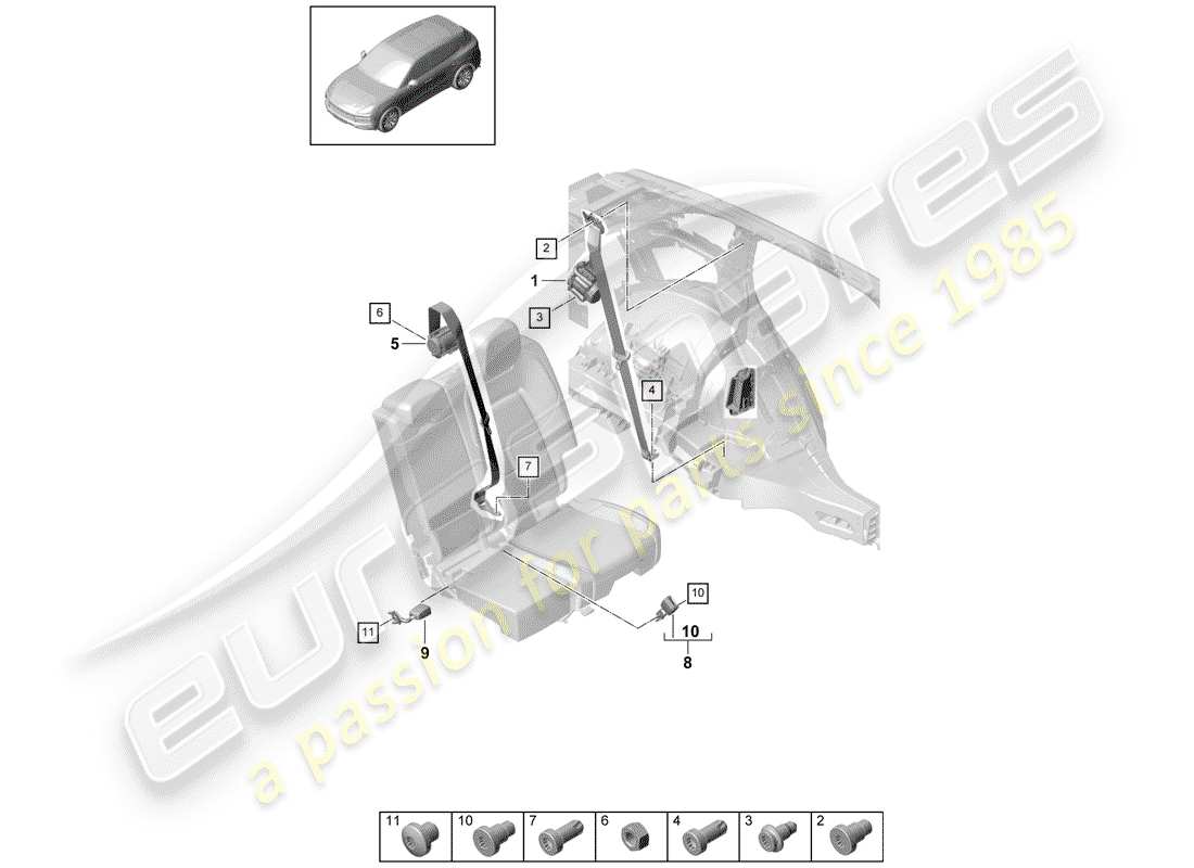 porsche 2018 (cayenne e3 9ya/9yb) dreipunkt-sicherheitsgurt – teilediagramm