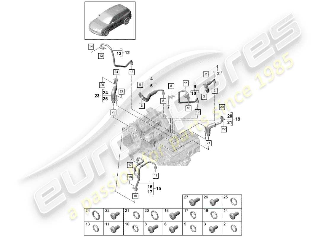 porsche 2019 (cayenne e3 9ya/9yb) wasserkühlung für ersatzteildiagramm