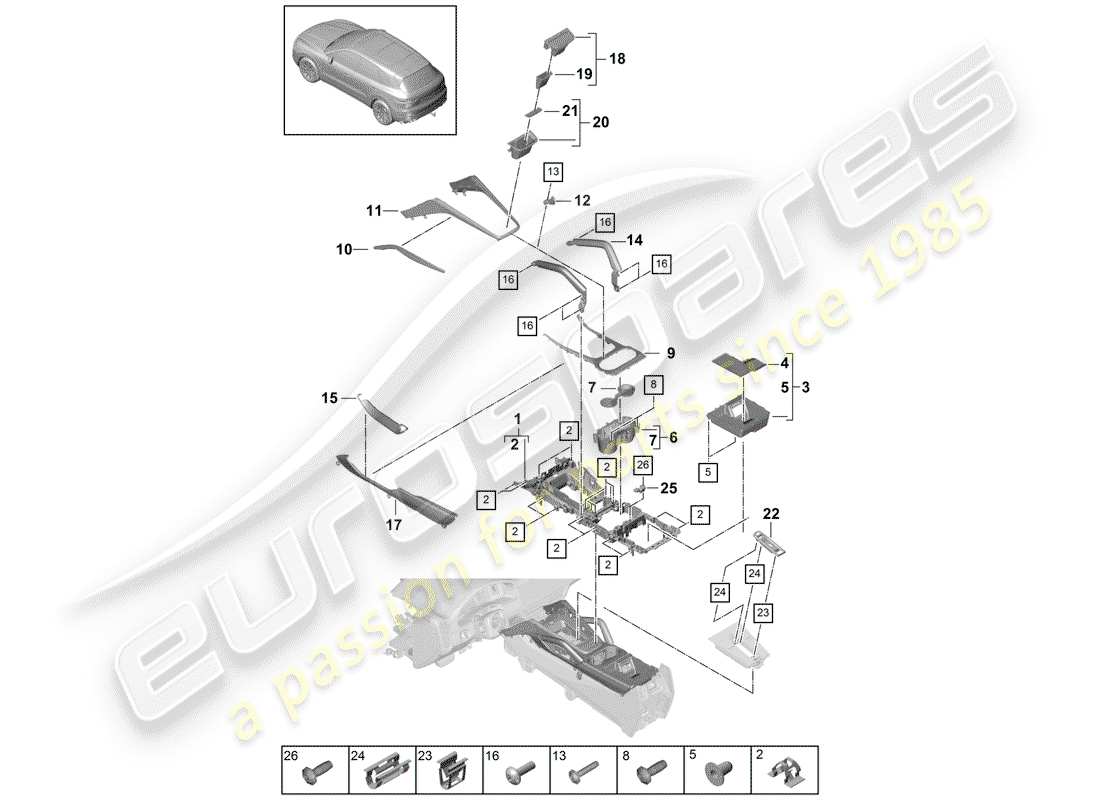 porsche 2018 (cayenne e3 9ya/9yb) center console ersatzteildiagramm