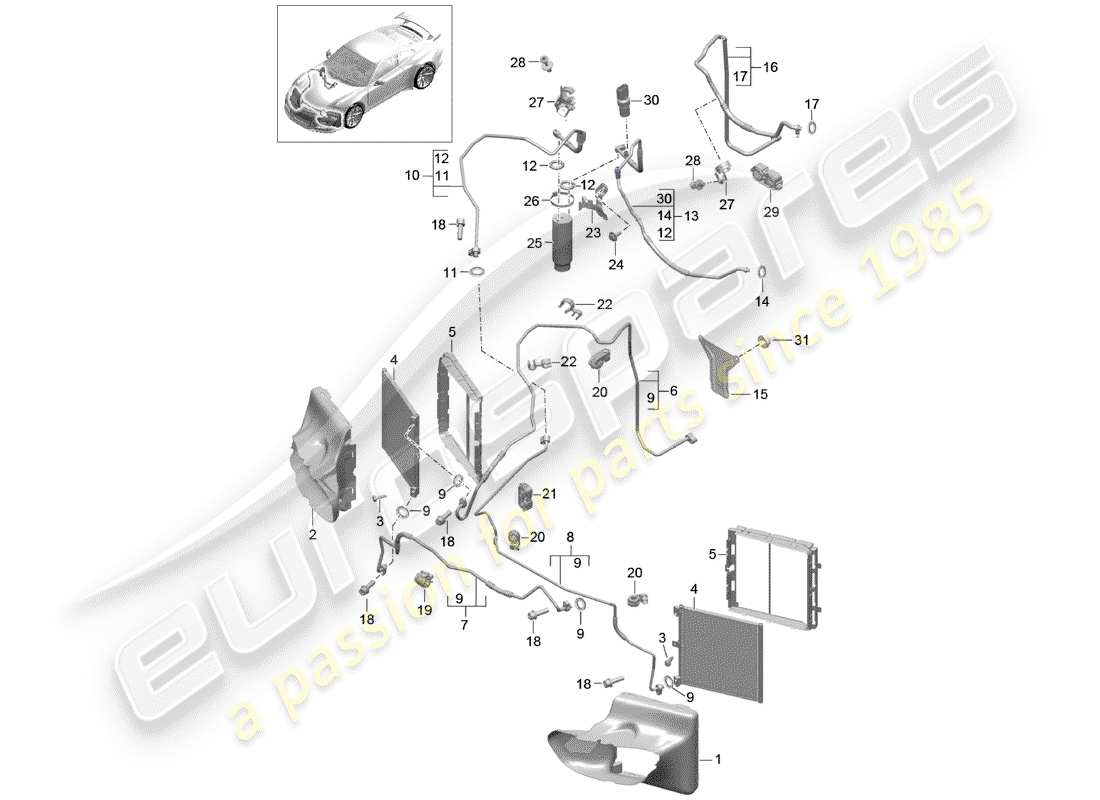 porsche 2020 (991-2 r/gt3/rs) kältemittelkreislauf teilediagramm