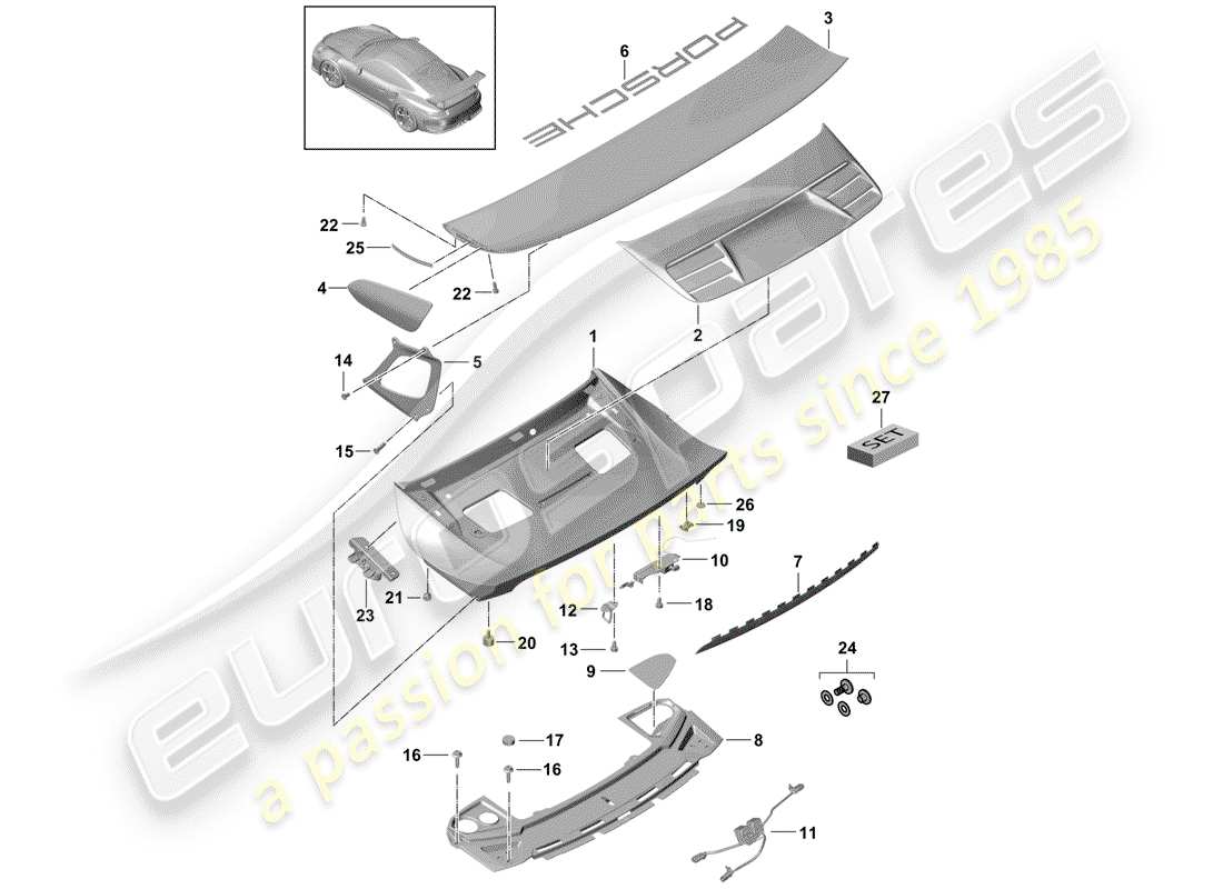 porsche 2018 (991-2 r/gt3/rs) hinterer kofferraumdeckel - teilediagramm