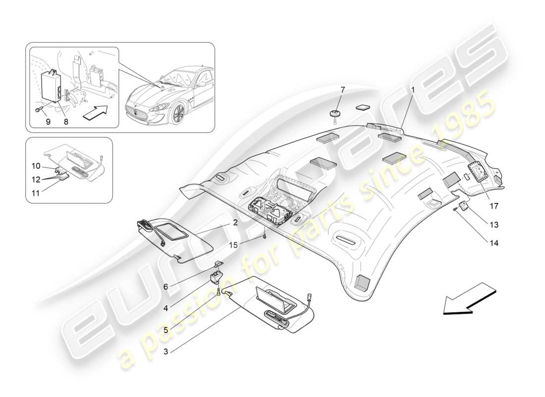 maserati granturismo s (2016) dach- und sonnenblenden ersatzteildiagramm