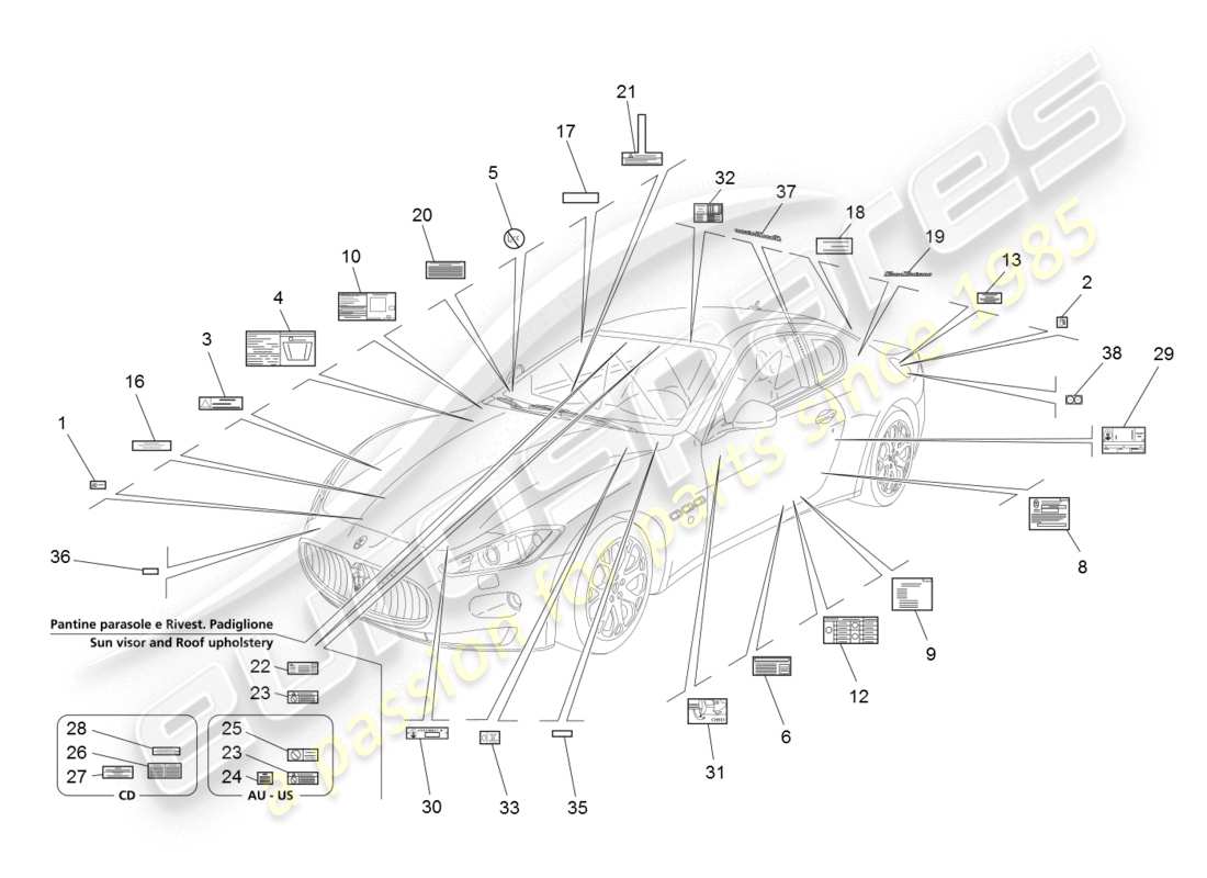 maserati granturismo (2008) aufkleber und etiketten ersatzteildiagramm