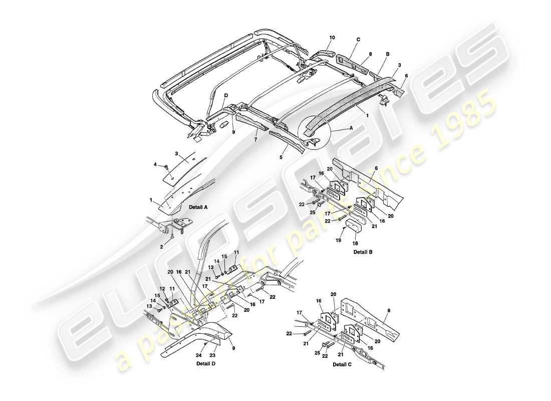 aston martin v8 volante (1999) teilediagramm für haubenrahmenhölzer
