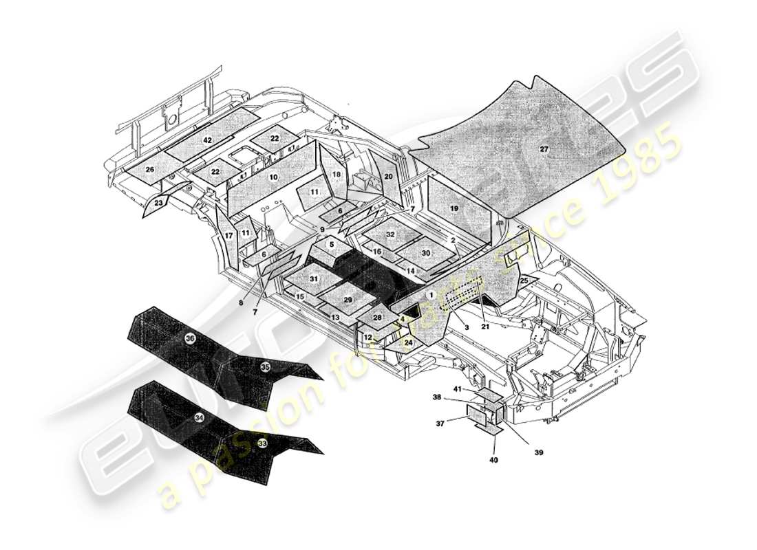 aston martin v8 volante (1999) diagramm der schalldämmungsteile
