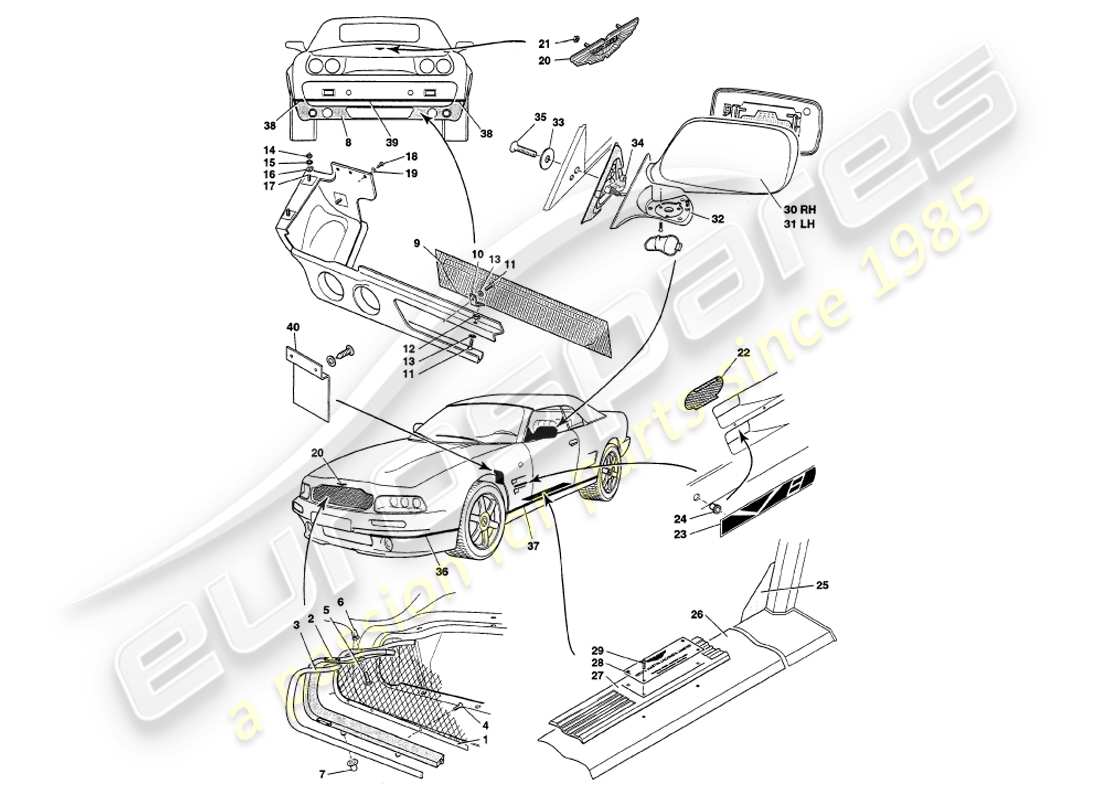 aston martin v8 volante (1999) teilediagramm für karosseriebeschläge