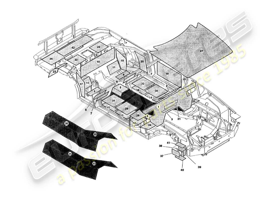 aston martin v8 volante (1998) diagramm der schalldämmungsteile