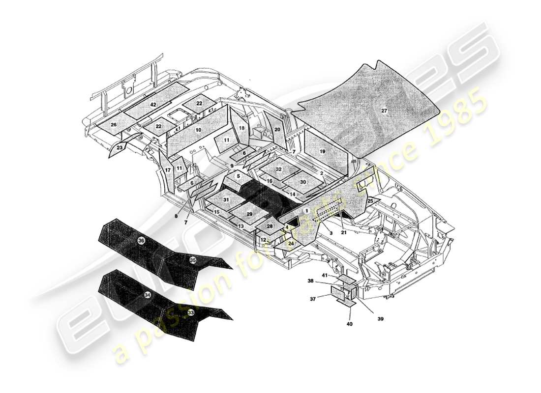 aston martin v8 volante (1997) diagramm der schalldämmungsteile