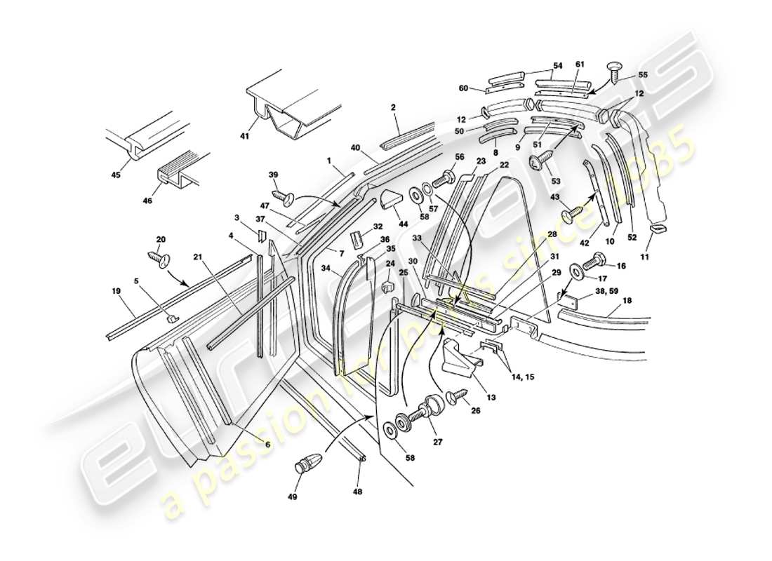 aston martin v8 volante (1998) teilediagramm für wetterdichtungen