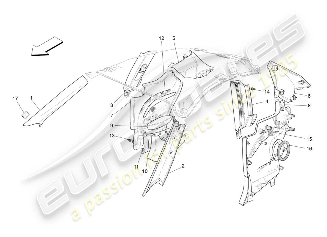 maserati granturismo (2015) fahrgastinnenraum - b-säulenverkleidungen und seitenverkleidungen ersatzteildiagramm