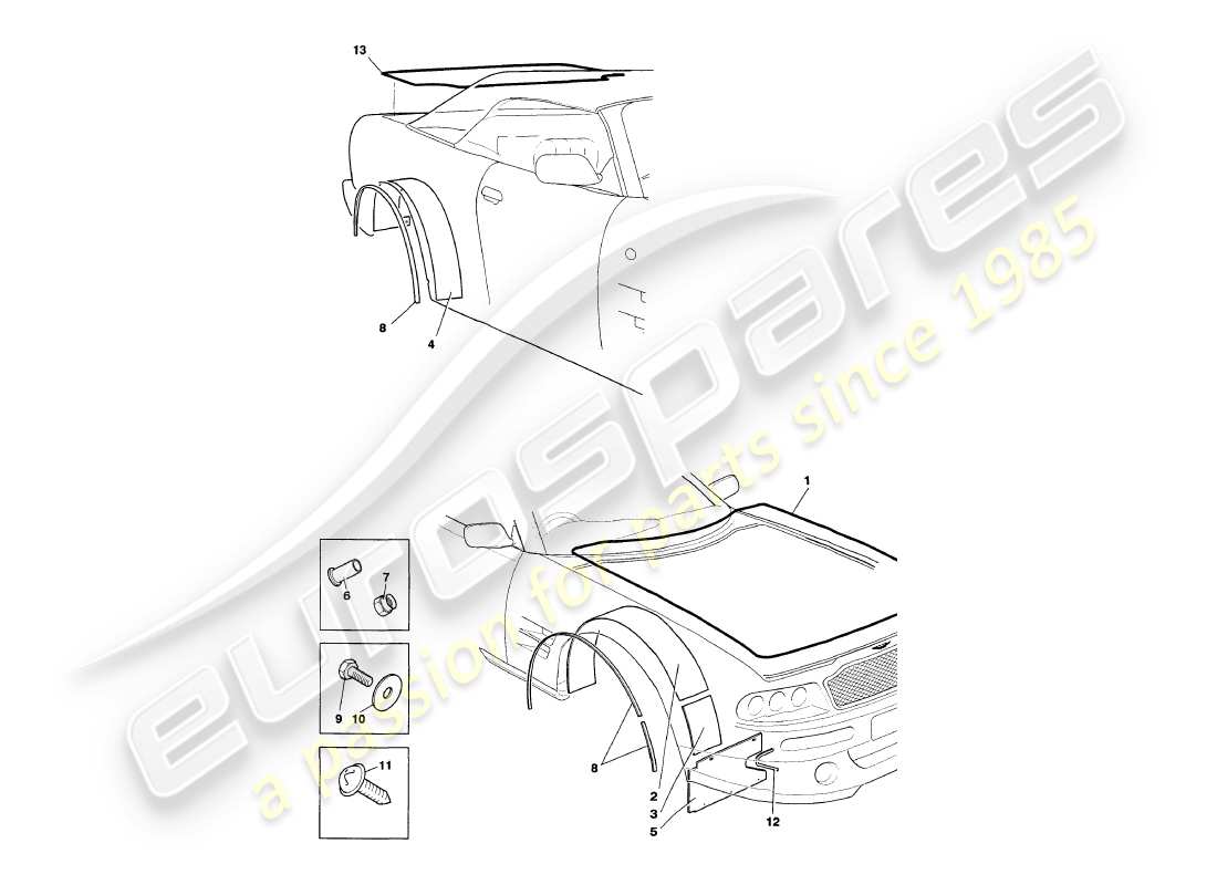 aston martin v8 volante (1998) teilediagramm für wetterdichtungen