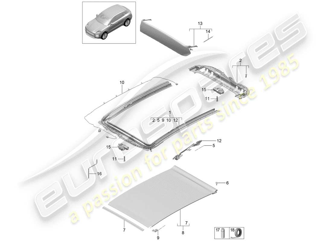 porsche 2019 (macan) glasdach - ersatzteildiagramm