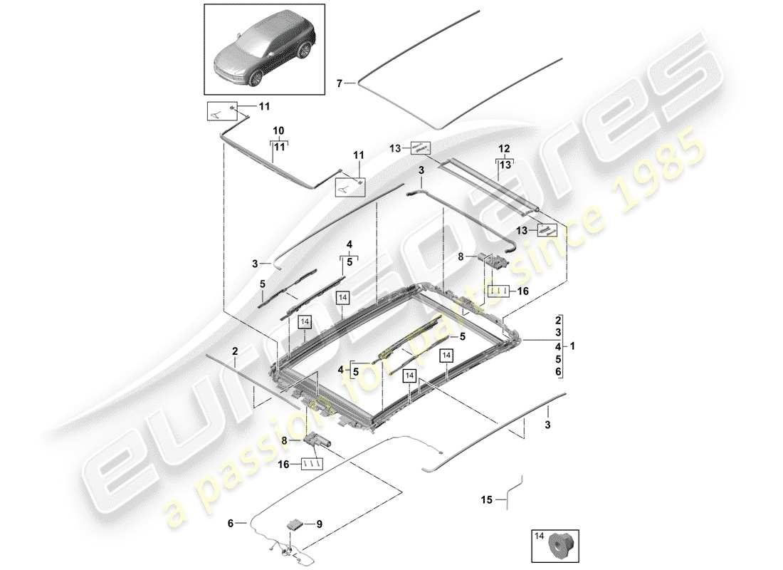 porsche 2019 (cayenne e3 9ya/9yb) glasdach - ersatzteildiagramm