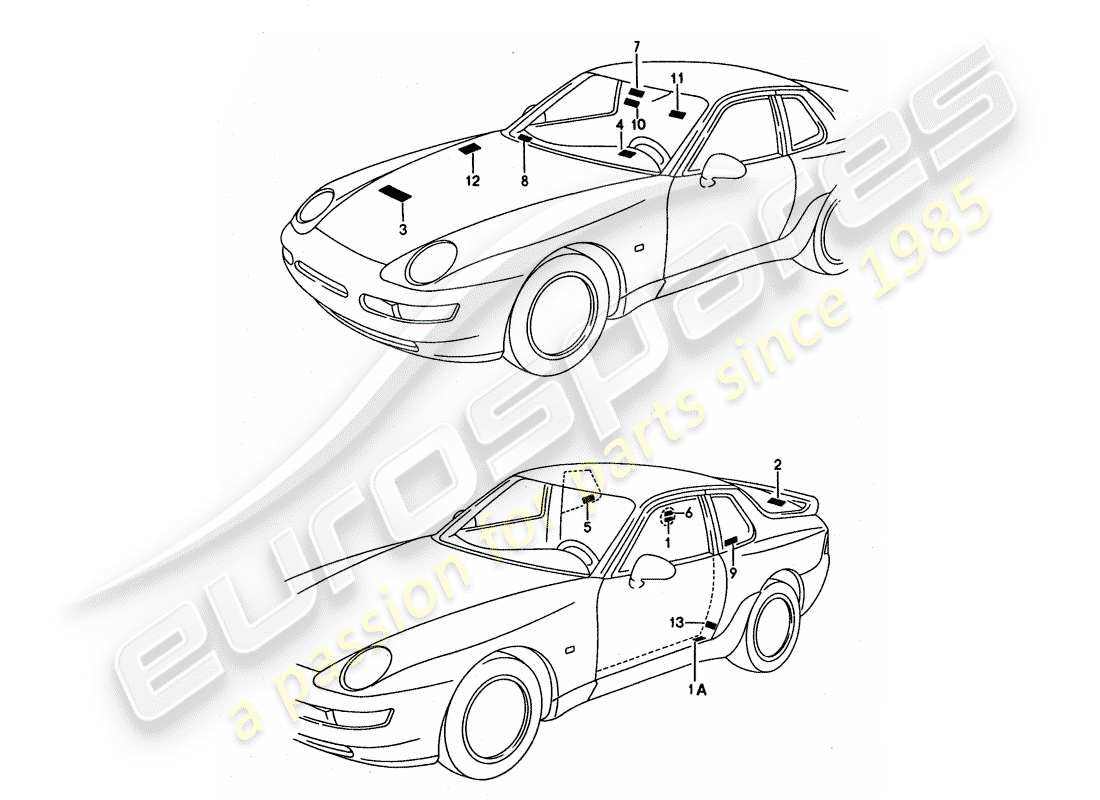 porsche 1992 (968) zeichen/hinweise teilediagramm