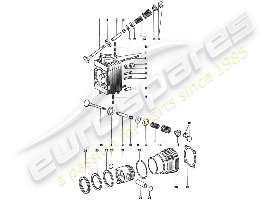 porsche 1975 (914) zylinderkopf - zylinder mit kolben ersatzteildiagramm