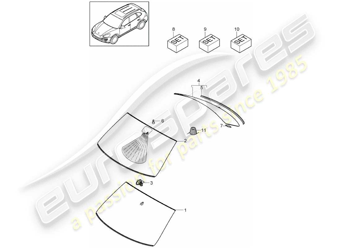 porsche 2012 (cayenne e2 92a) fenstergläser ersatzteildiagramm