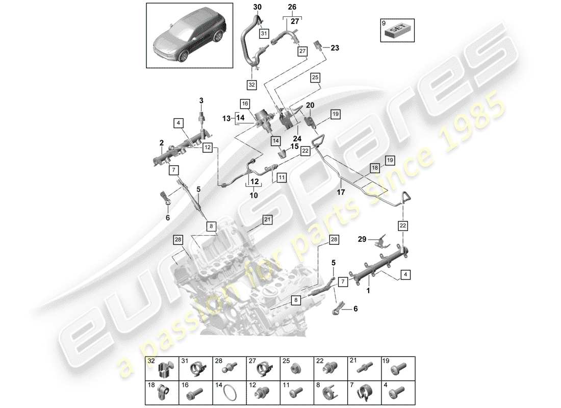 porsche 2020 (cayenne e3 9ya/9yb) kraftstoffsammelrohr ersatzteildiagramm