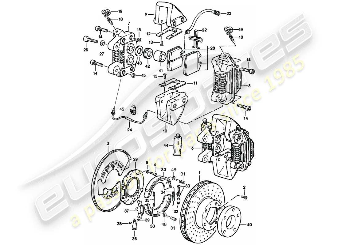 porsche 1987 (911) bremse - hinterachse ersatzteildiagramm
