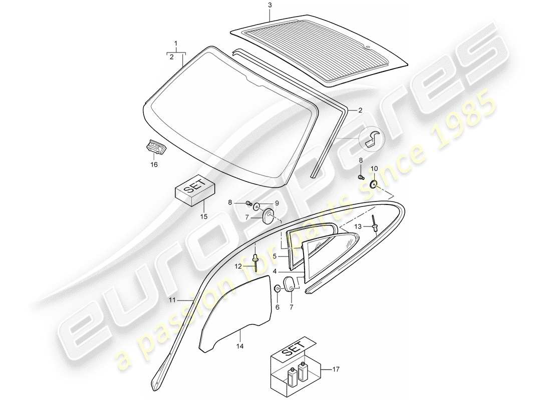 porsche 2007 (997-1 turbo / gt2) fensterverglasung ersatzteildiagramm